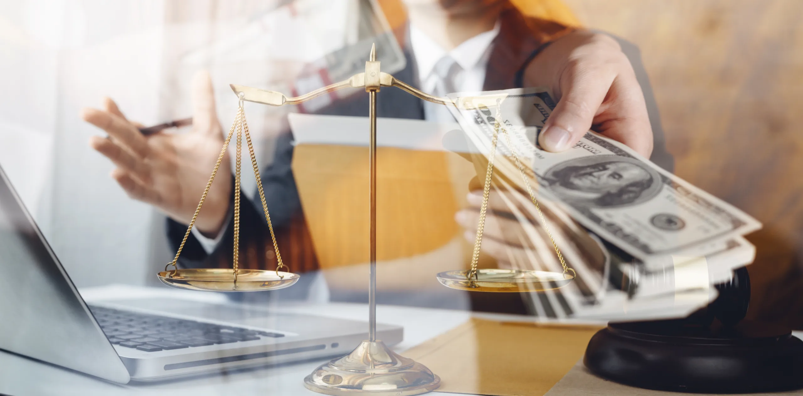 Business and lawyers discussing contract papers with brass scale